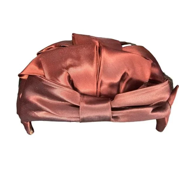 1950s Small Hat Brown Fur‎ Fabric Bow Netting Rust Orange Organza Housewife - Picture 5 of 11